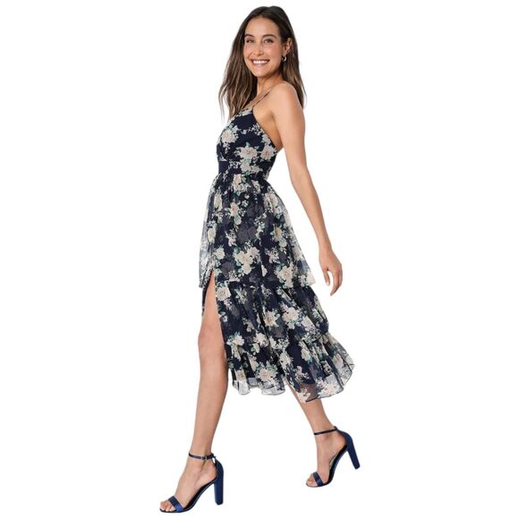 Lulus Cultivate Crushes Navy Floral Print Tiered Ruffled Midi Dress Size S - Picture 5 of 12
